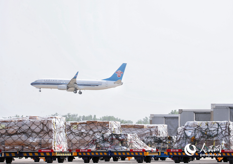 新鄭國際機場內等待運輸的貨物。人民網 霍亞平攝